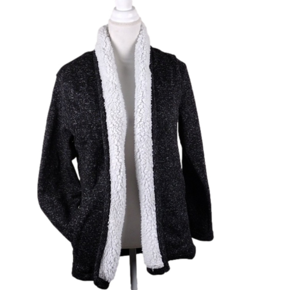 Canada Weathergear Black Marbled Sherpa  Shawl Collar Open Front Sweater Jacket